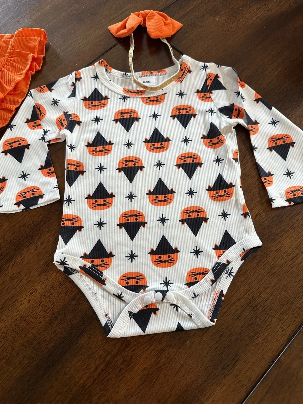 Orange Ruffle Suspender Skirt Set with Halloween Print Top